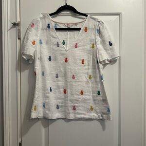 Boden White Pineapple Embroidered Short-Sleeve Linen Top